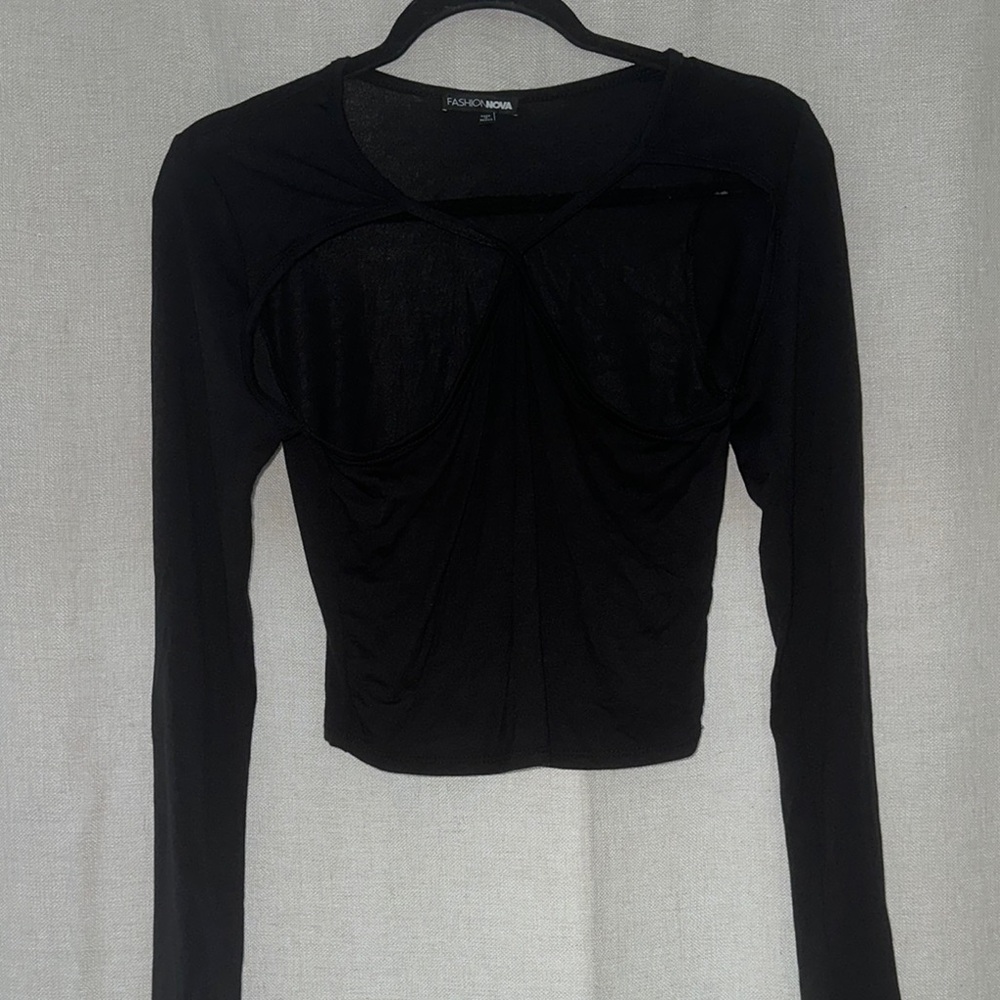 Fashion Nova Black Long Sleeve Cut Out Cropped top